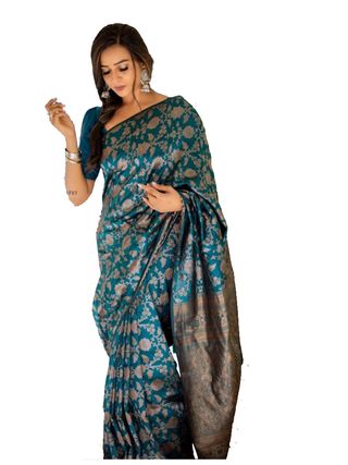 Teal Blue Banarasi Soft Silk Saree with Floral Motifs