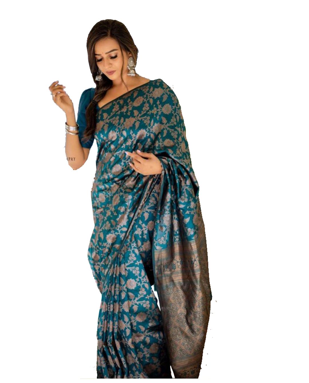 Teal Blue Banarasi Soft Silk Saree with Floral Motifs