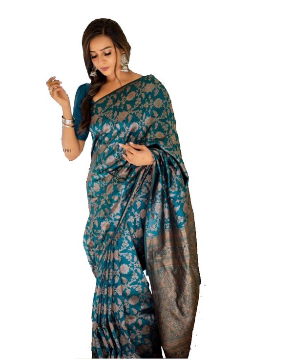 Teal Blue Banarasi Soft Silk Saree with Floral Motifs