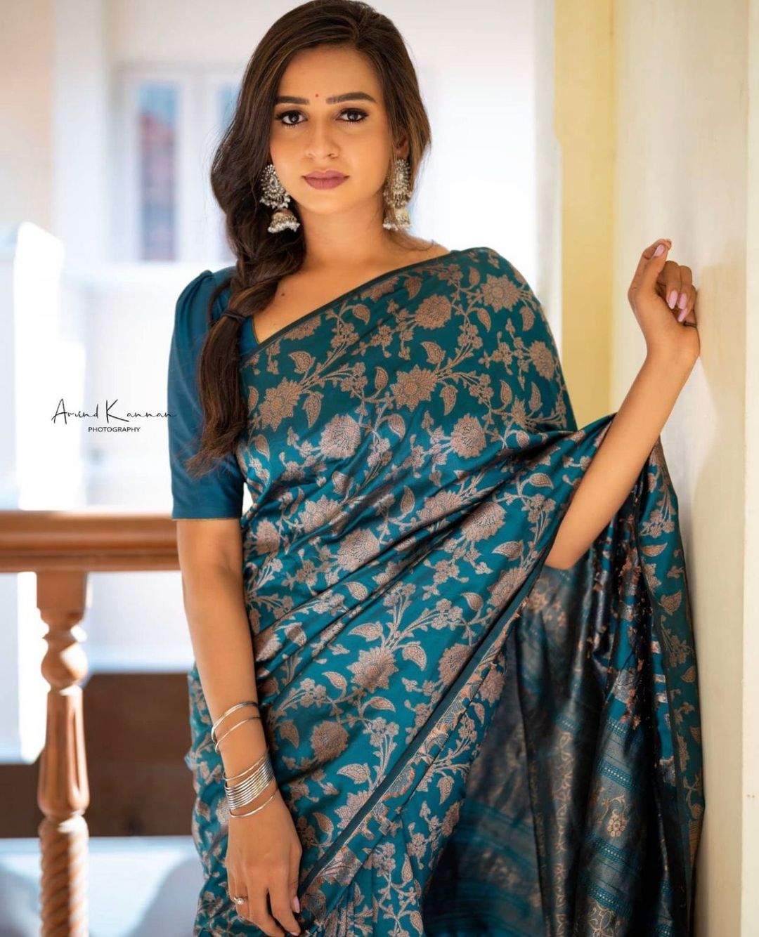 Teal Blue Banarasi Soft Silk Saree with Floral Motifs