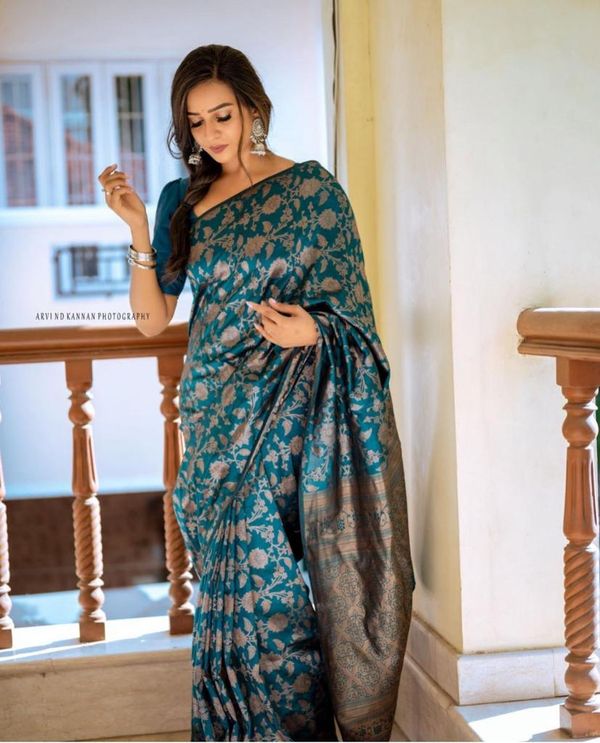 Teal Blue Banarasi Soft Silk Saree with Floral Motifs
