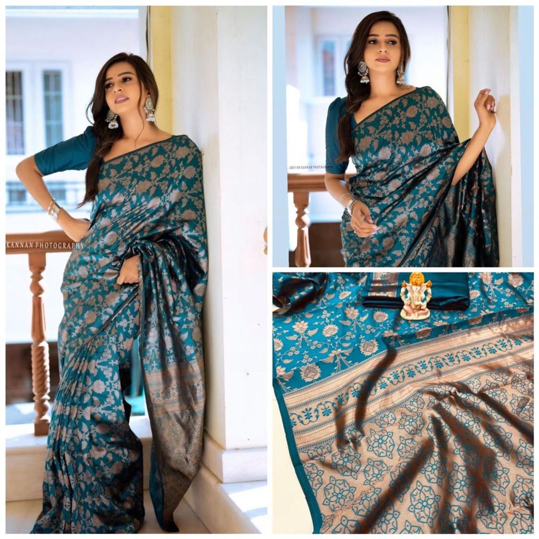Teal Blue Banarasi Soft Silk Saree with Floral Motifs