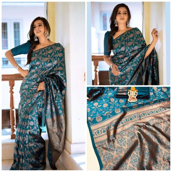 Teal Blue Banarasi Soft Silk Saree with Floral Motifs