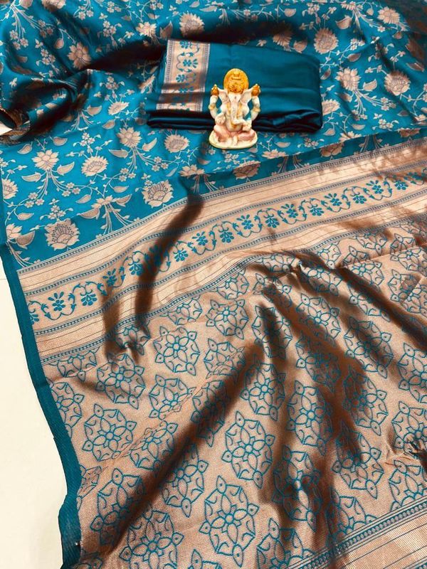 Teal Blue Banarasi Soft Silk Saree with Floral Motifs
