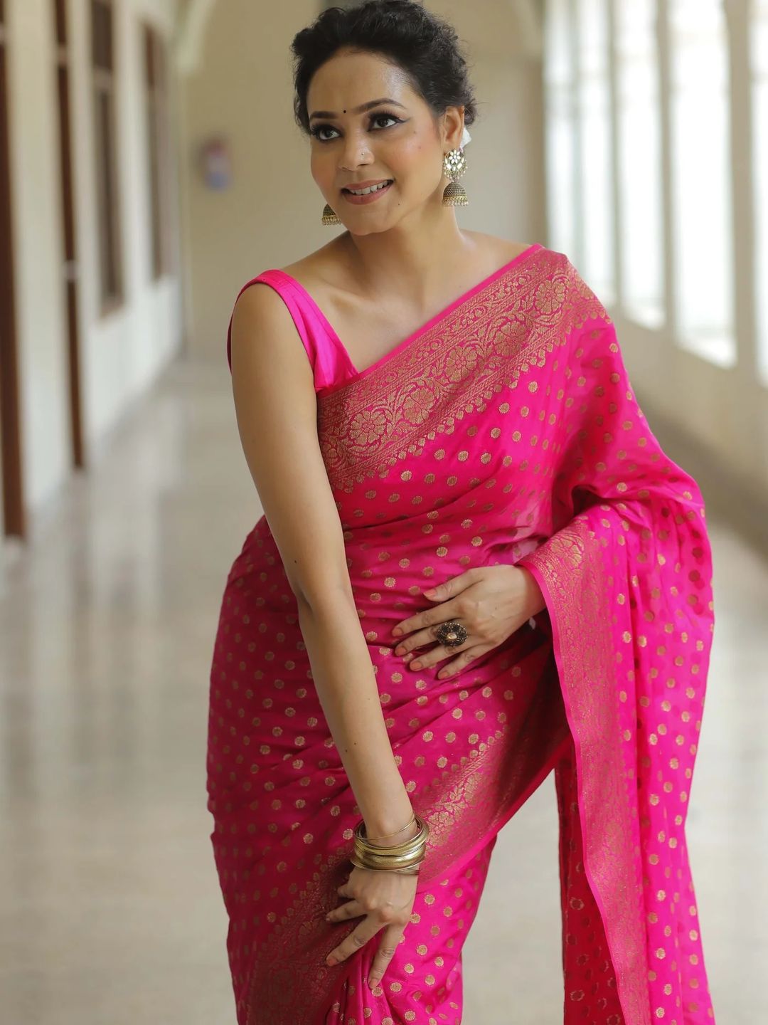 Rani Pink Banarasi Soft Silk Saree with Gold Floral Border