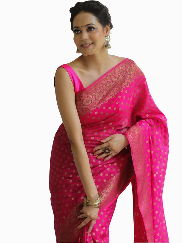 Rani Pink Banarasi Soft Silk Saree with Gold Floral Border