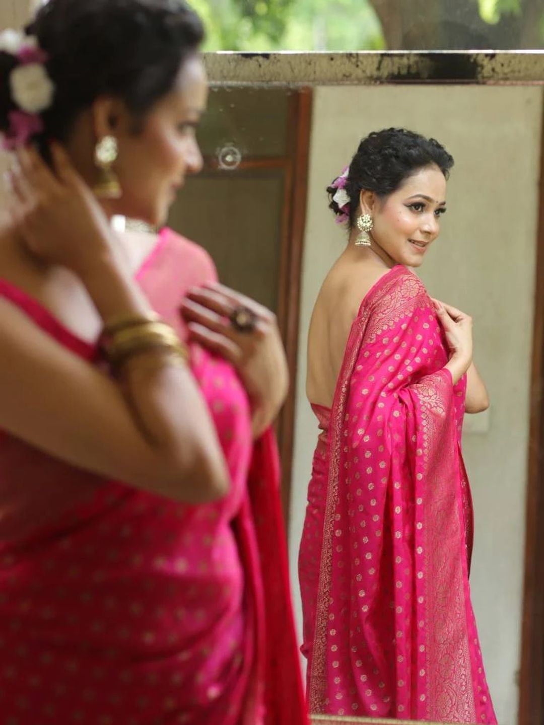 Rani Pink Banarasi Soft Silk Saree with Gold Floral Border
