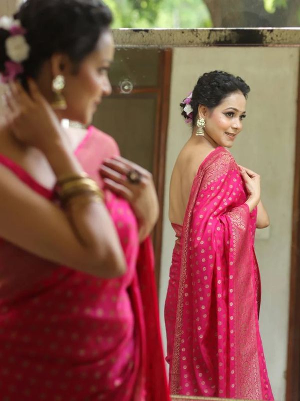 Rani Pink Banarasi Soft Silk Saree with Gold Floral Border
