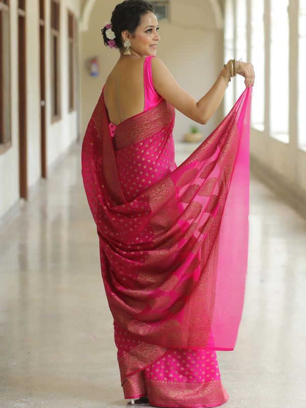 Rani Pink Banarasi Soft Silk Saree with Gold Floral Border
