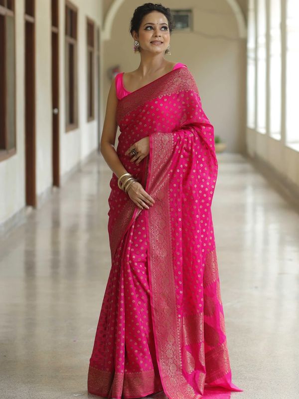 Rani Pink Banarasi Soft Silk Saree with Gold Floral Border