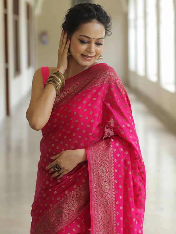 Rani Pink Banarasi Soft Silk Saree with Gold Floral Border