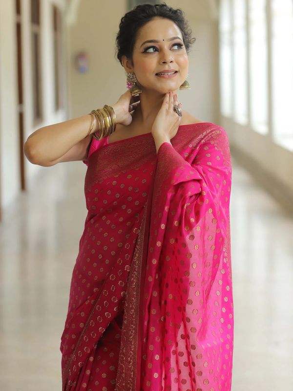 Rani Pink Banarasi Soft Silk Saree with Gold Floral Border