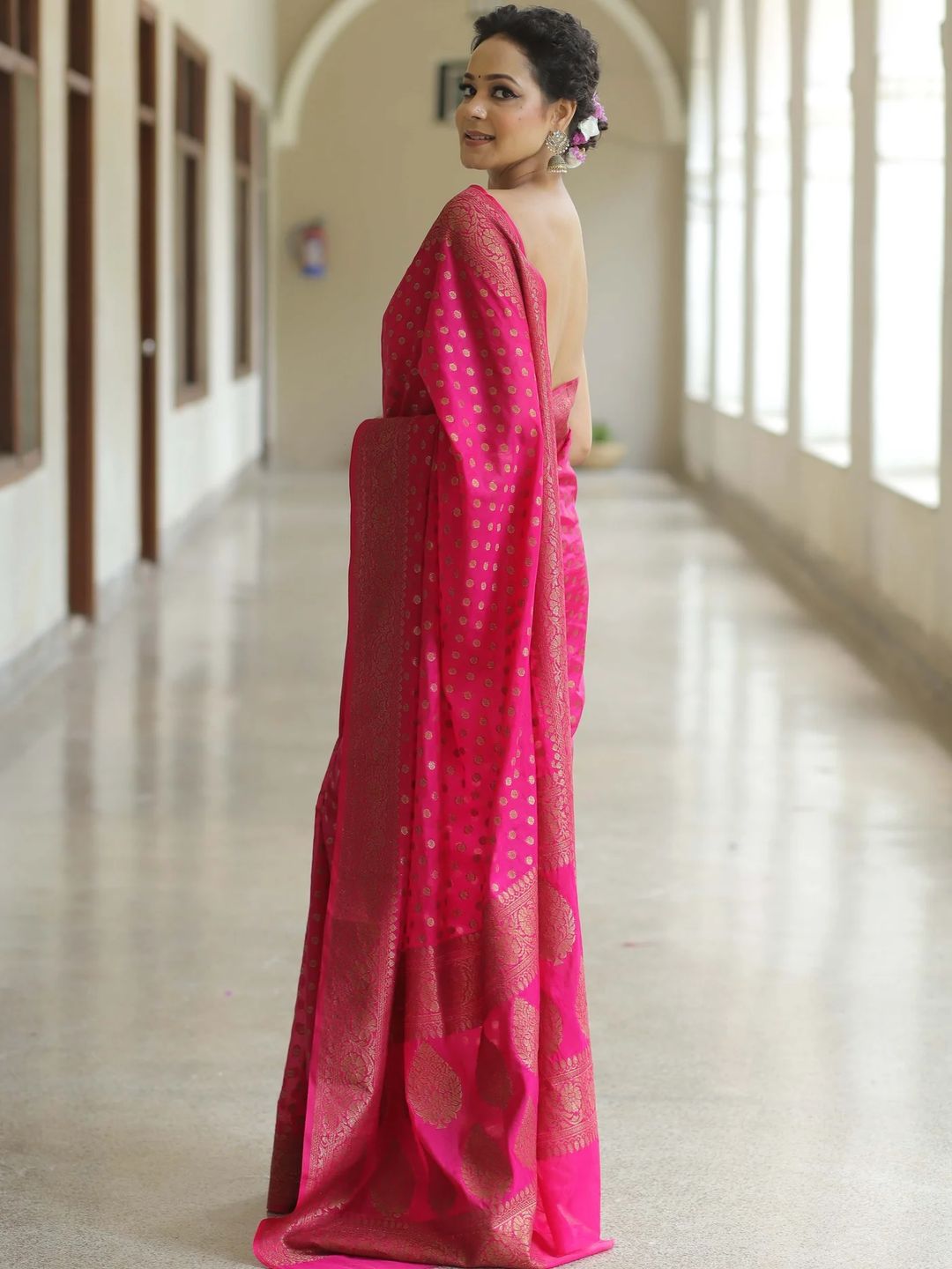 Rani Pink Banarasi Soft Silk Saree with Gold Floral Border