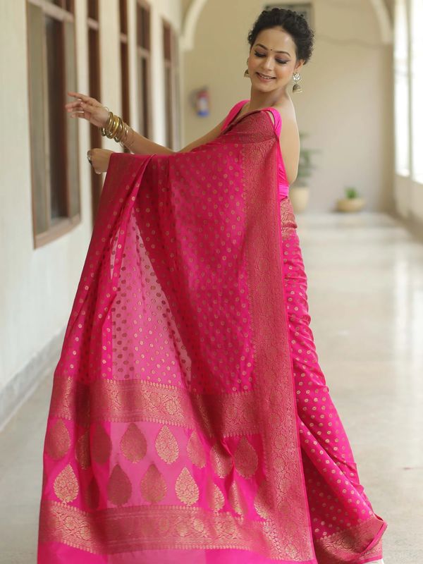 Rani Pink Banarasi Soft Silk Saree with Gold Floral Border