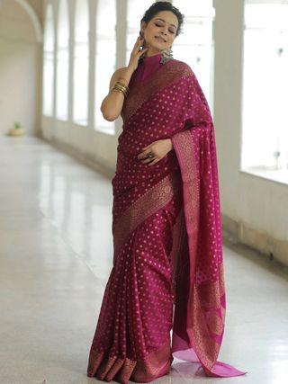 Wine Magenta Banarasi Soft Silk Saree with Gold Woven Border