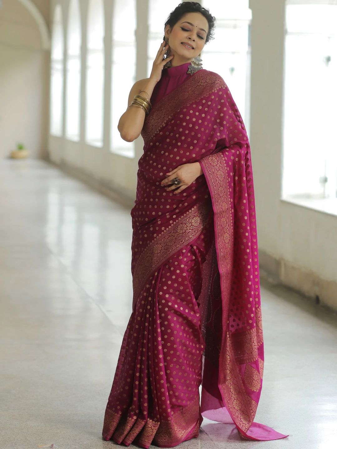 Wine Magenta Banarasi Soft Silk Saree with Gold Woven Border