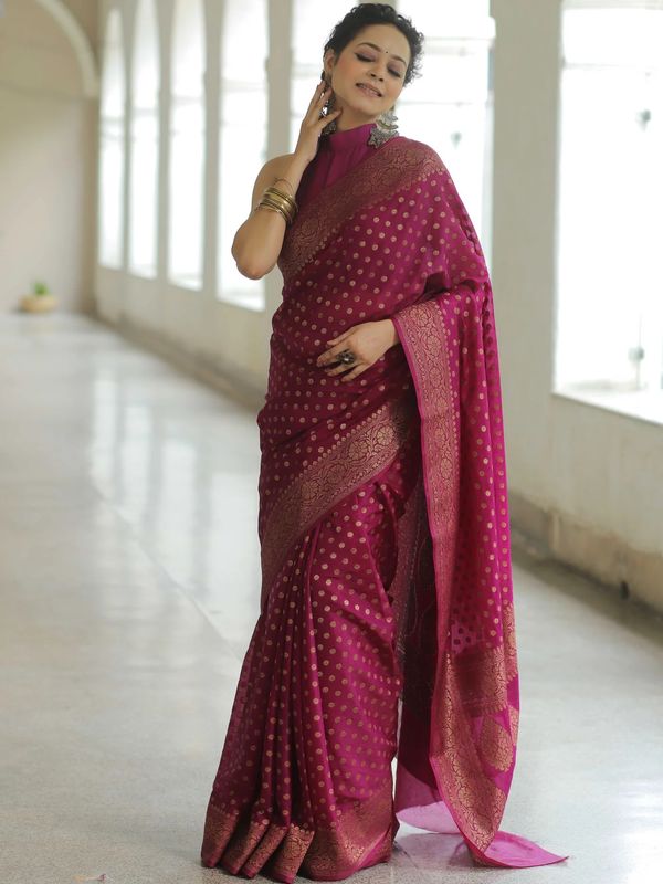 Wine Magenta Banarasi Soft Silk Saree with Gold Woven Border