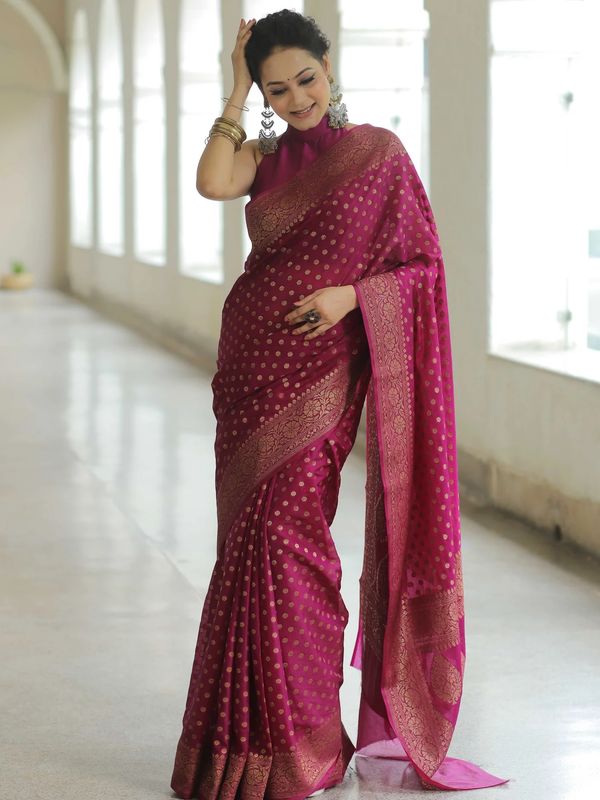 Wine Magenta Banarasi Soft Silk Saree with Gold Woven Border