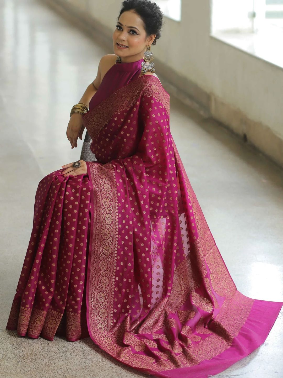Wine Magenta Banarasi Soft Silk Saree with Gold Woven Border