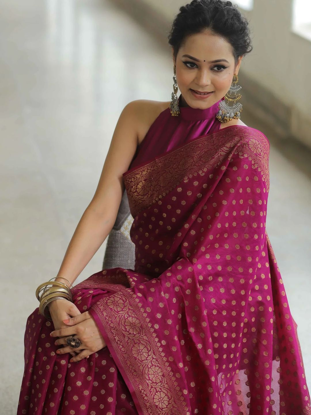 Wine Magenta Banarasi Soft Silk Saree with Gold Woven Border