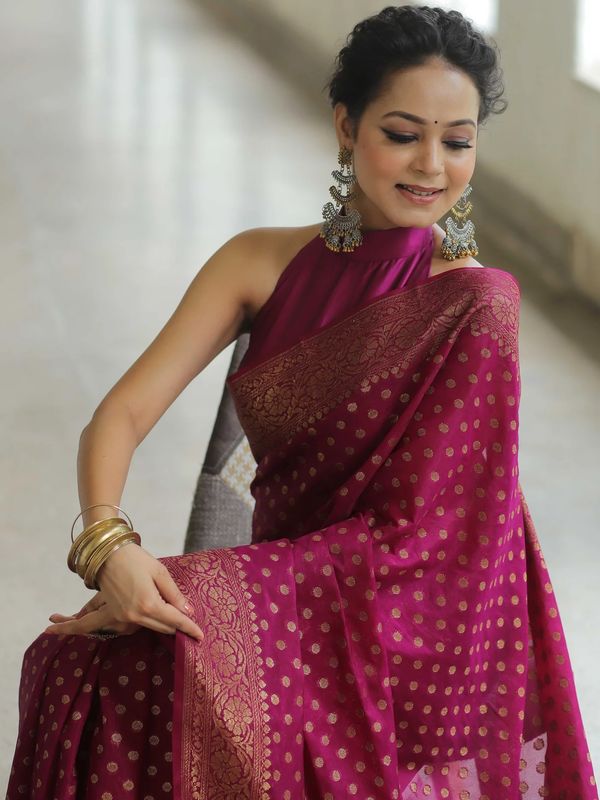 Wine Magenta Banarasi Soft Silk Saree with Gold Woven Border