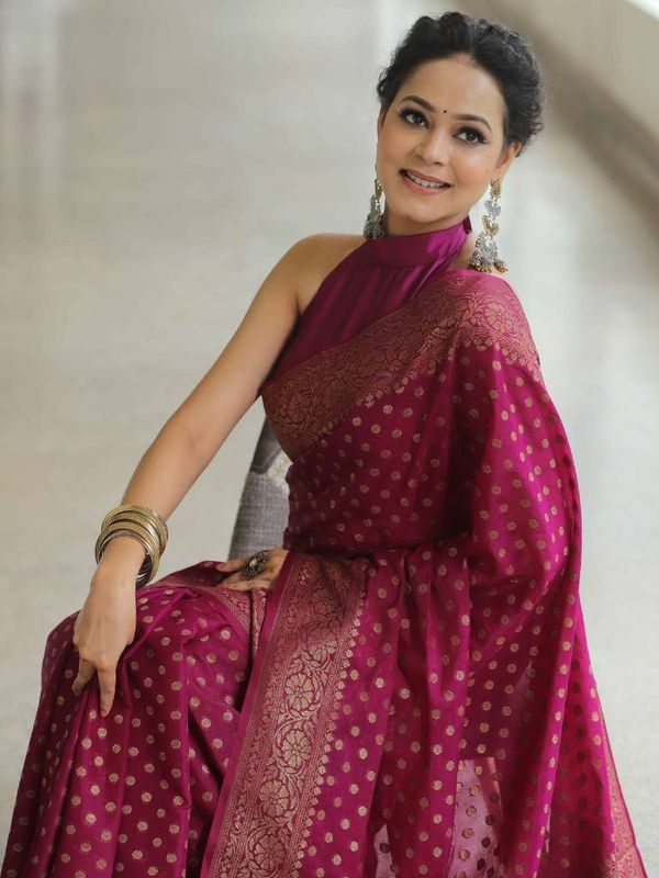 Wine Magenta Banarasi Soft Silk Saree with Gold Woven Border