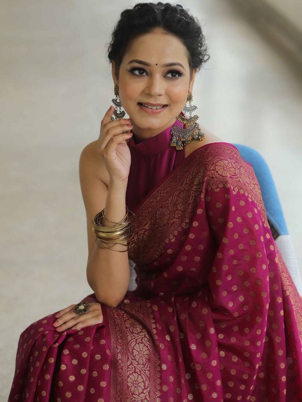 Wine Magenta Banarasi Soft Silk Saree with Gold Woven Border