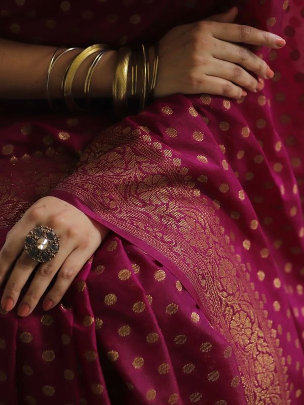 Wine Magenta Banarasi Soft Silk Saree with Gold Woven Border