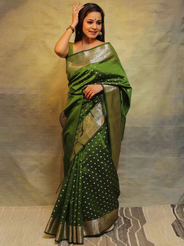 Emerald Green Banarasi Soft Silk Saree with Paisley Border