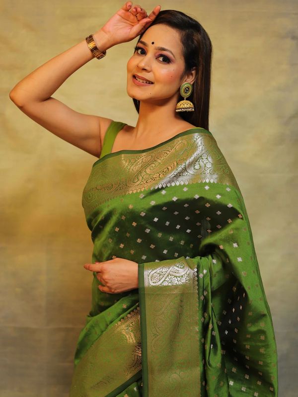 Emerald Green Banarasi Soft Silk Saree with Paisley Border