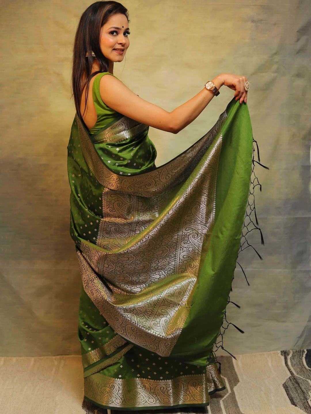 Emerald Green Banarasi Soft Silk Saree with Paisley Border