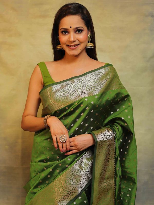 Emerald Green Banarasi Soft Silk Saree with Paisley Border