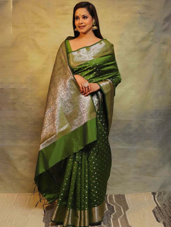 Emerald Green Banarasi Soft Silk Saree with Paisley Border