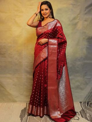 Ruby Red Banarasi Soft Silk Saree with Ornate Paisley Border