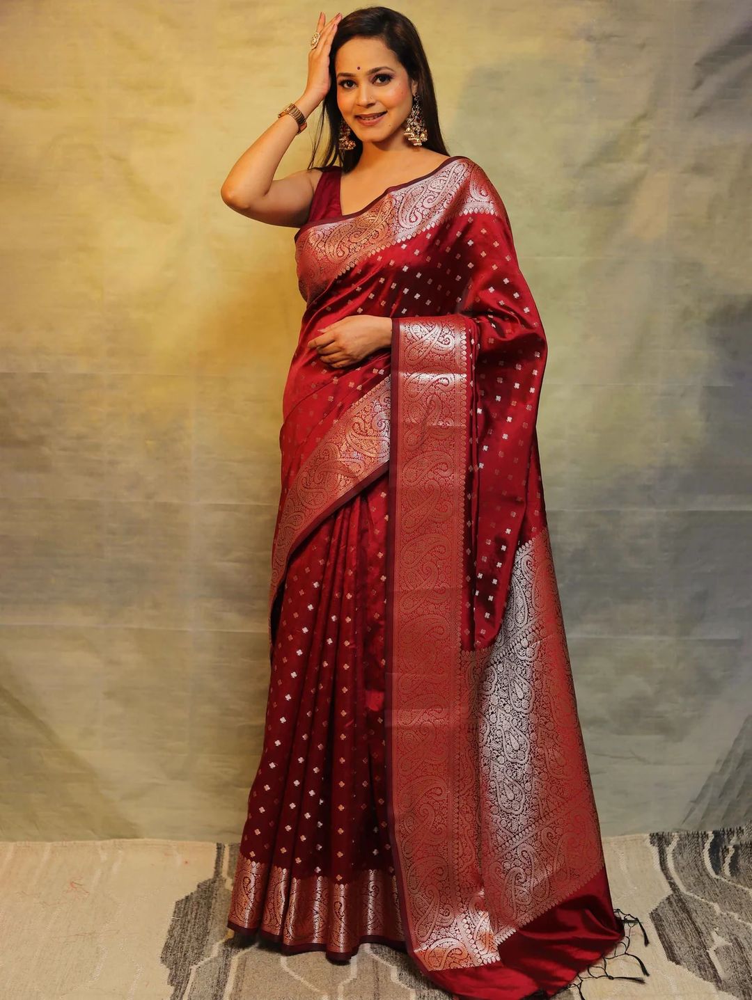 Ruby Red Banarasi Soft Silk Saree with Ornate Paisley Border