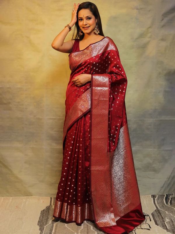 Ruby Red Banarasi Soft Silk Saree with Ornate Paisley Border