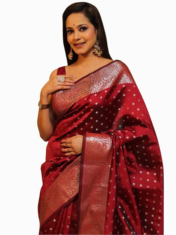 Ruby Red Banarasi Soft Silk Saree with Ornate Paisley Border