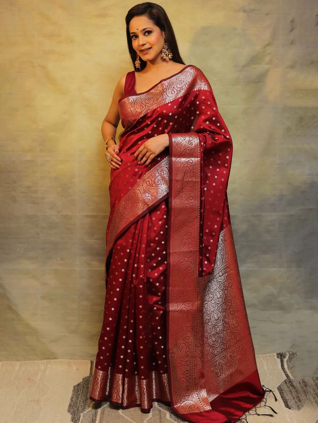 Ruby Red Banarasi Soft Silk Saree with Ornate Paisley Border
