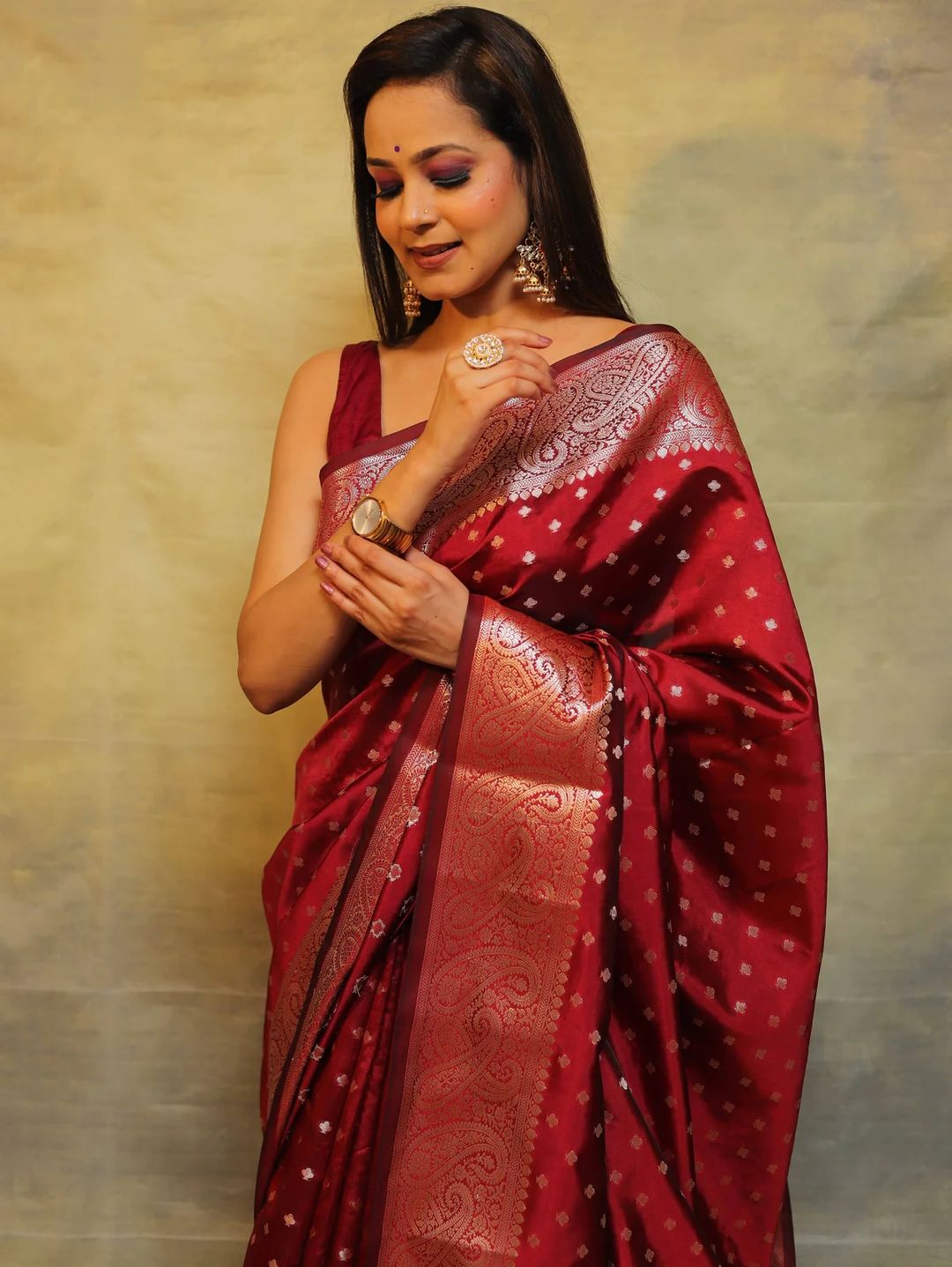 Ruby Red Banarasi Soft Silk Saree with Ornate Paisley Border