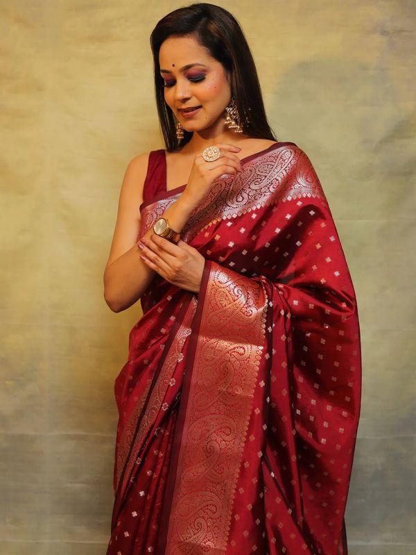 Ruby Red Banarasi Soft Silk Saree with Ornate Paisley Border