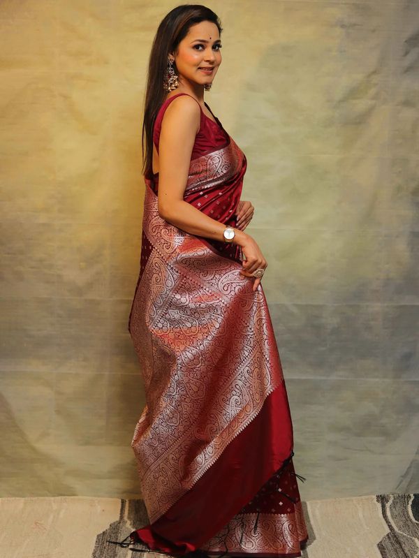 Ruby Red Banarasi Soft Silk Saree with Ornate Paisley Border