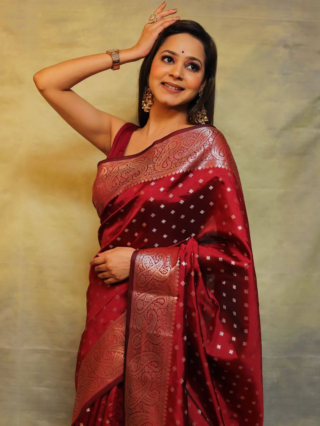 Ruby Red Banarasi Soft Silk Saree with Ornate Paisley Border