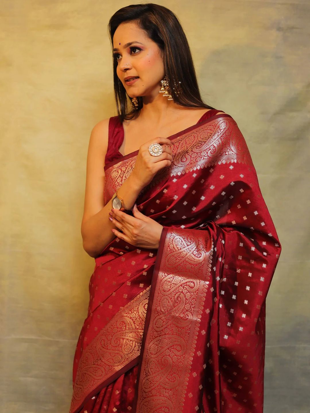 Ruby Red Banarasi Soft Silk Saree with Ornate Paisley Border