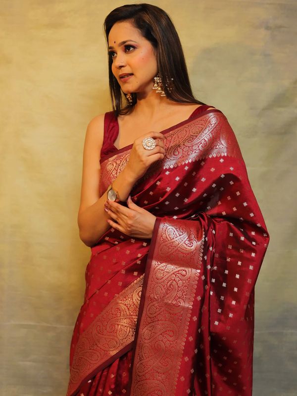 Ruby Red Banarasi Soft Silk Saree with Ornate Paisley Border