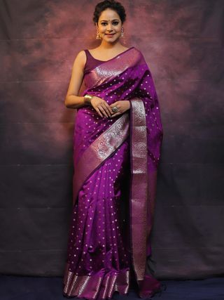 Royal Purple Banarasi Soft Silk Saree with Paisley Border