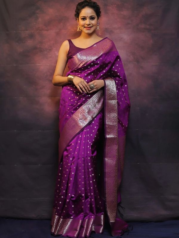 Royal Purple Banarasi Soft Silk Saree with Paisley Border