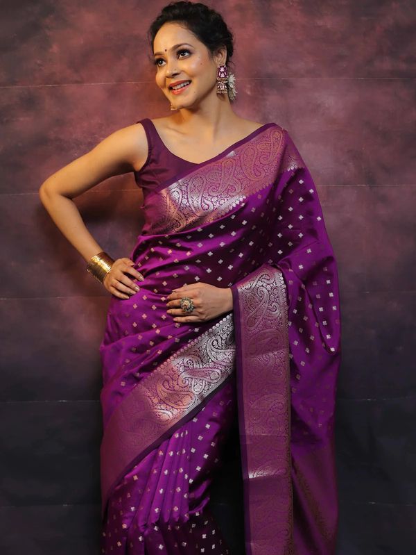 Royal Purple Banarasi Soft Silk Saree with Paisley Border