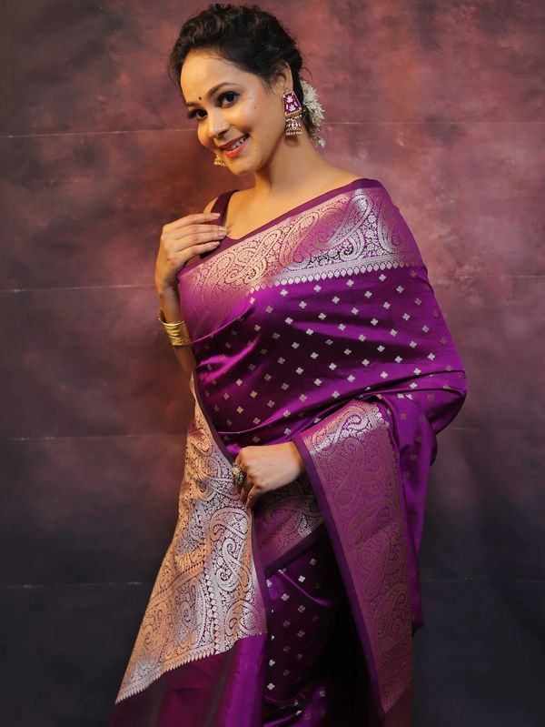 Royal Purple Banarasi Soft Silk Saree with Paisley Border