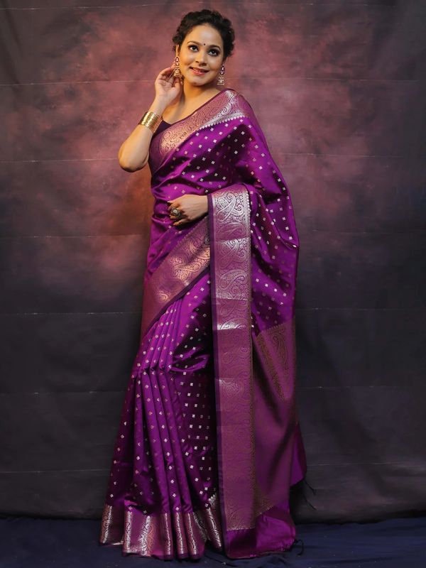 Royal Purple Banarasi Soft Silk Saree with Paisley Border