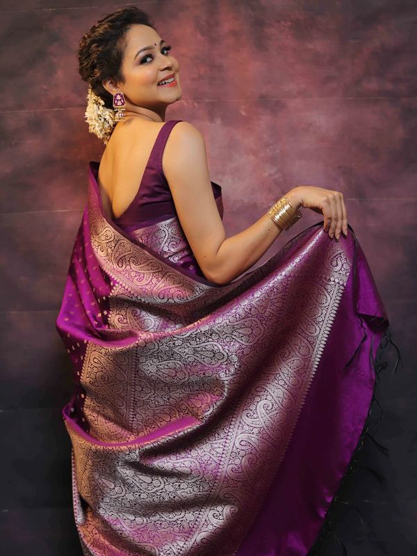 Royal Purple Banarasi Soft Silk Saree with Paisley Border